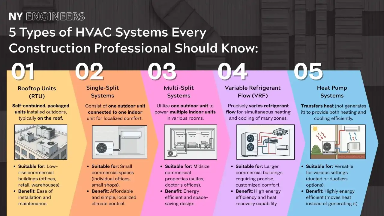 Poznaj 5 rodzajów klimatyzacji: Rooftop, Single-Split, Multi-Split, VRF i Heat Pump. Każdy system oferuje unikalne rozwiązania dla różnych potrzeb budynków.