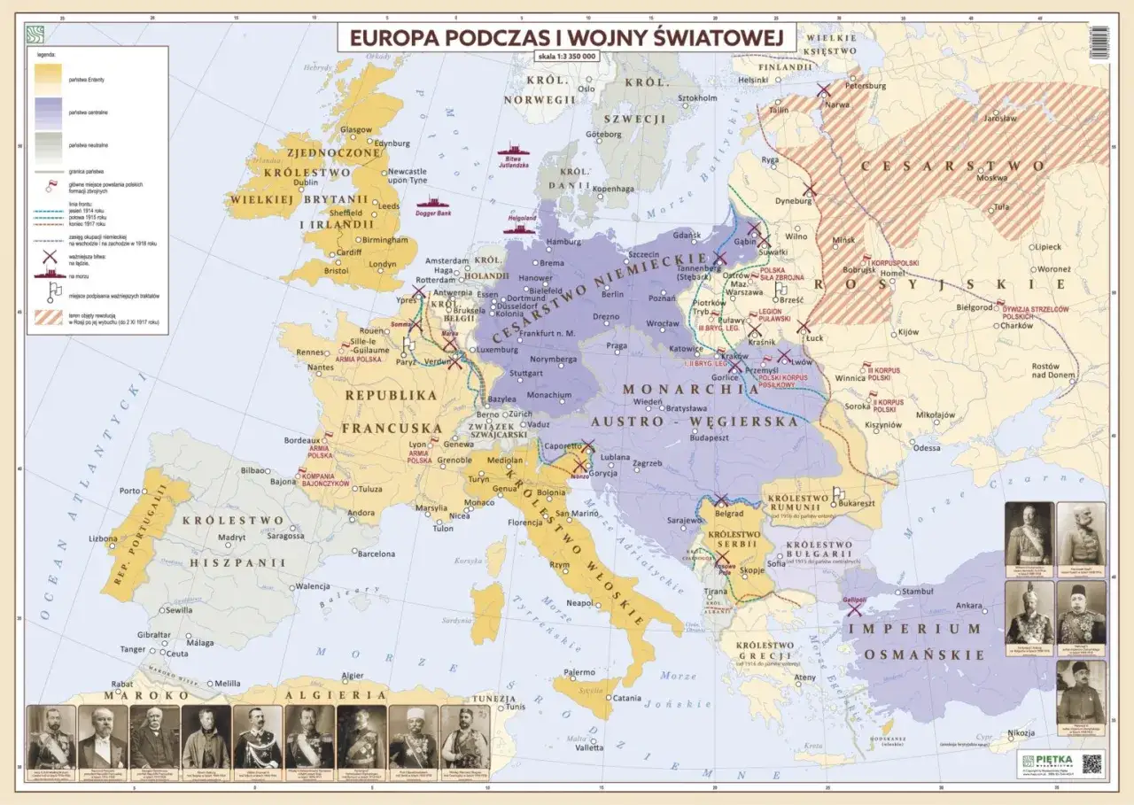 Europa podczas I wojny światowej, gdy wybuchła wojna światowa, pokazuje podział państw i linie frontu.