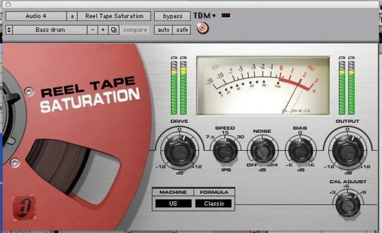The Reel Tape Saturation VST plugin interface, featuring a vintage reel-to-reel tape aesthetic, controls for drive, speed, noise, bias, and output, and a VU meter.