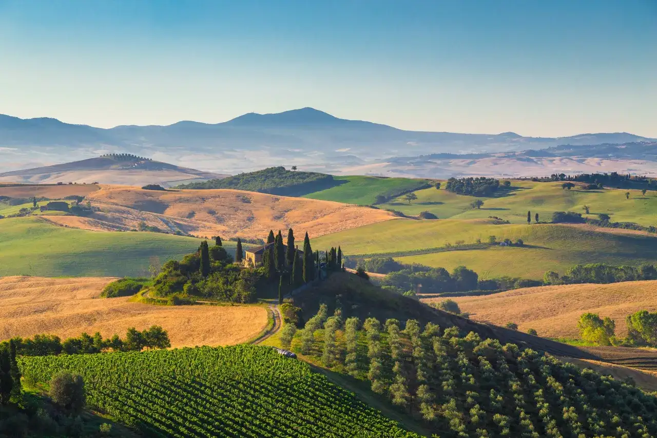 Dolci colline del **Val d'Orcia** in **autunno**, con vigneti verdi, campi dorati e una casa colonica circondata da cipressi.