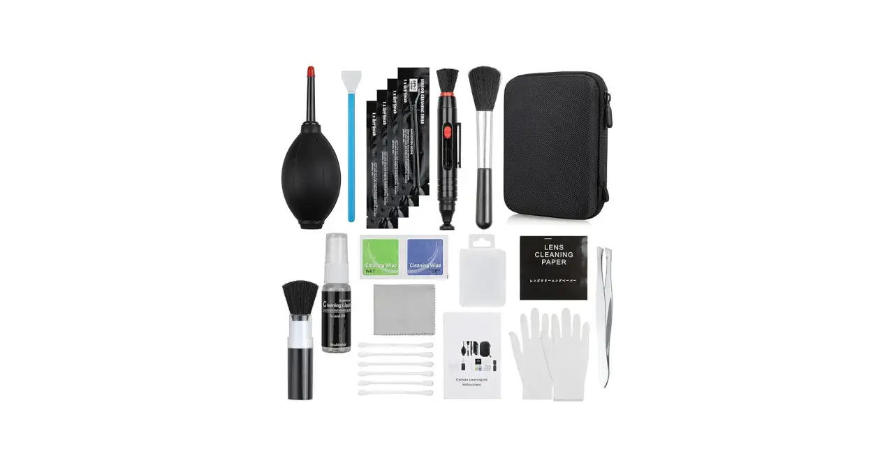 A comprehensive camera cleaning kit with a blower, brushes, swabs, wipes, lens paper, and gloves for pristine photography.
