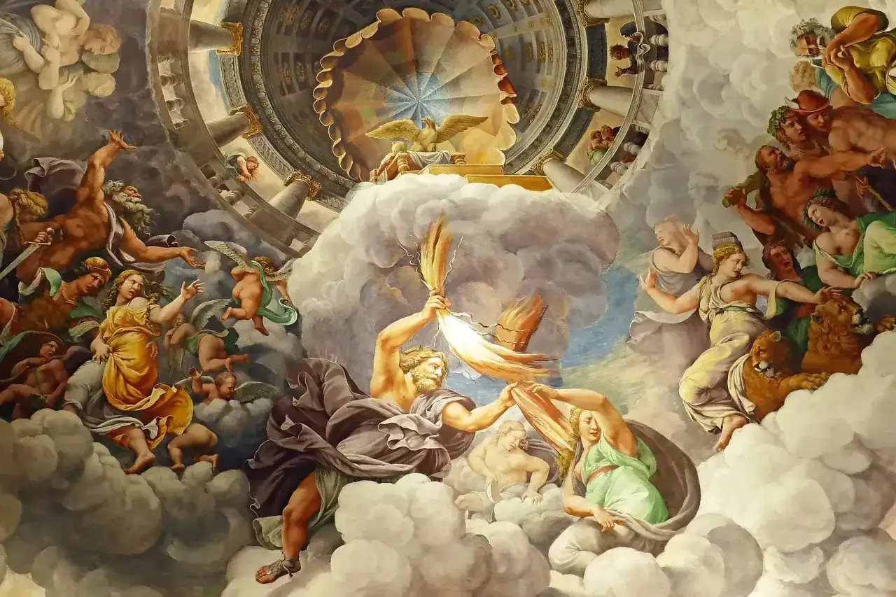 Zeus z piorunami w chmurach, otoczony innymi postaciami z mitologii greckiej bogowie. W tle kopuła z orłem.