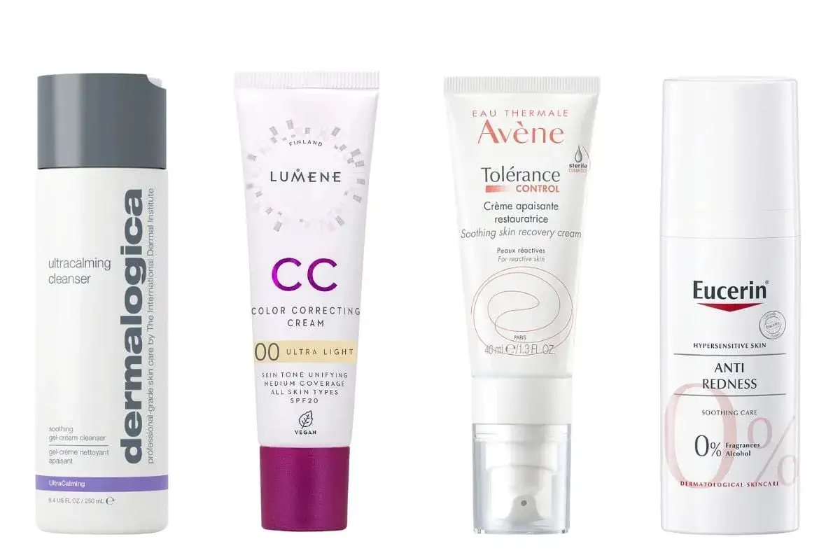 Hudvårdsprodukter från Dermalogica, Lumene, Avène och Eucerin. Tänk på vilka ingredienser du ska undvika i hudvård för känslig hud.