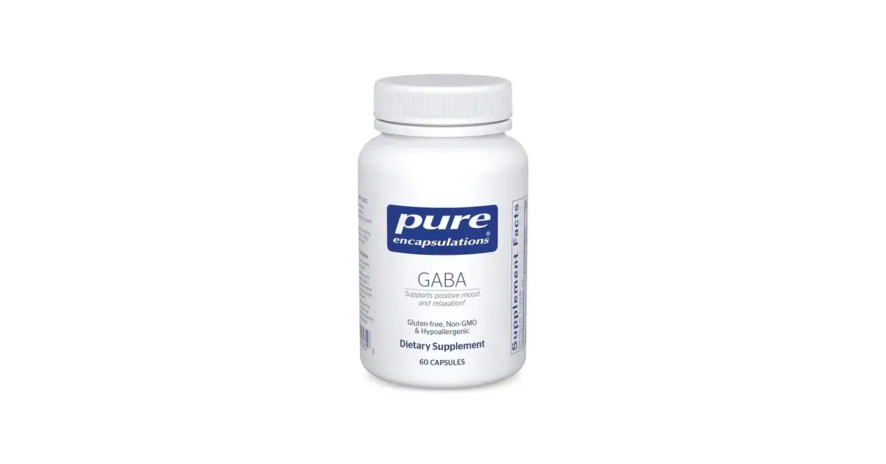 Biała butelka suplementu diety Pure Encapsulations GABA, wspierającego nastrój i relaks. 60 kapsułek.