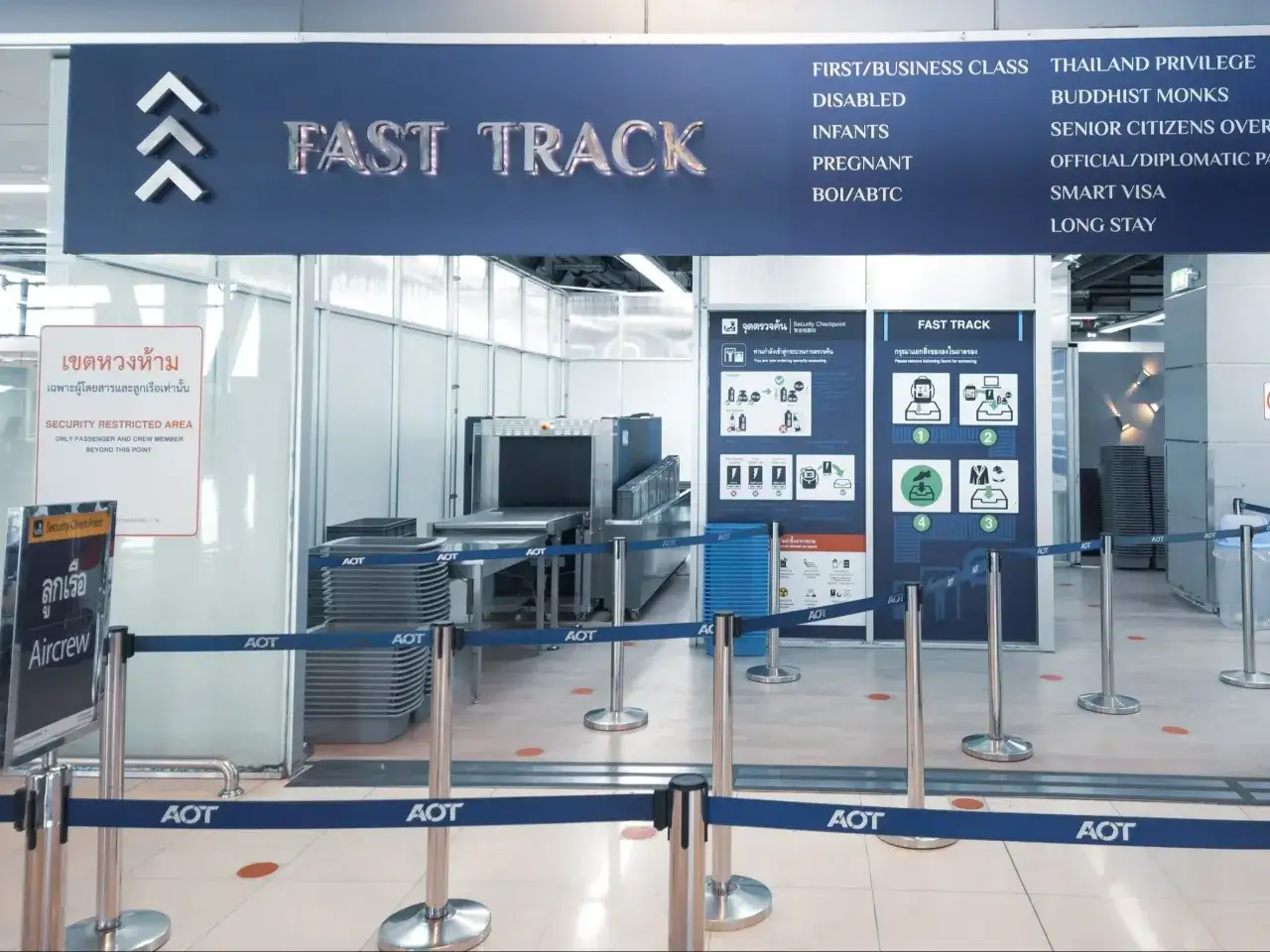 Szybsza ścieżka na lotnisku, czyli fast track, dla pasażerów uprzywilejowanych. Widoczne bramki i skanery.
