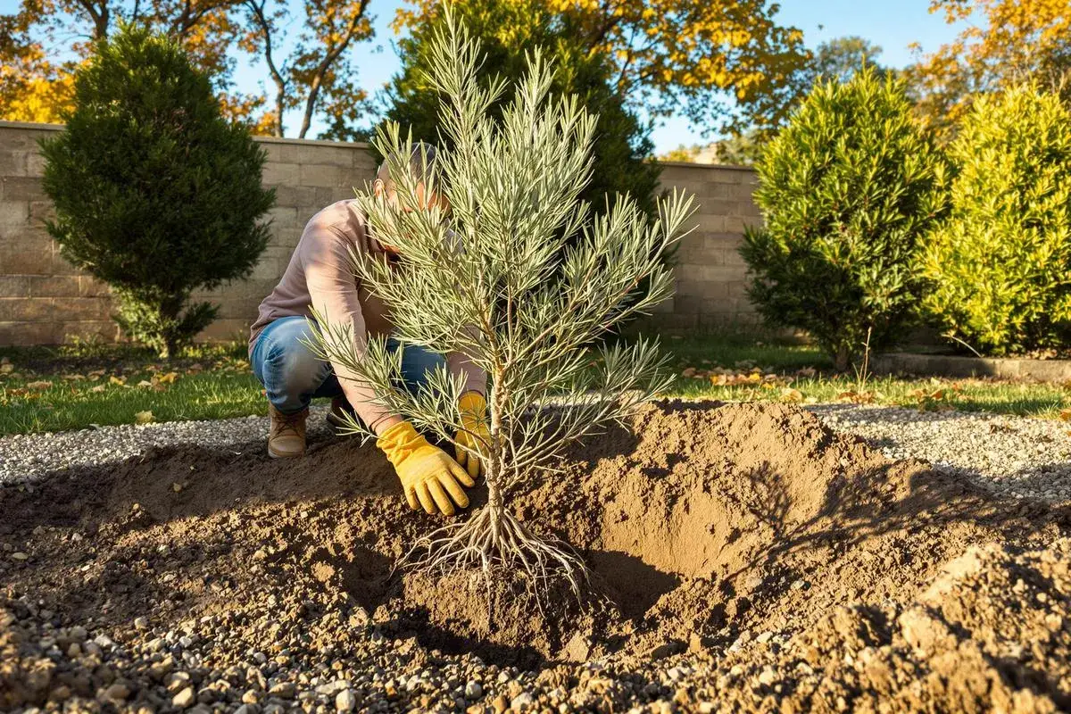 Un jardinier plante un jeune arbre olivier dans un trou creusé. Les racines sont visibles.