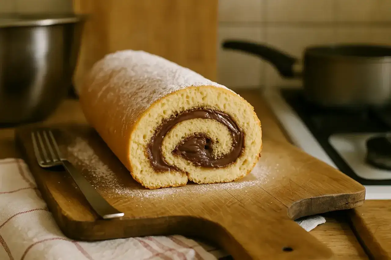 Un délicieux roulé au Nutella, saupoudré de sucre glace, prêt à être dégusté sur une planche en bois.