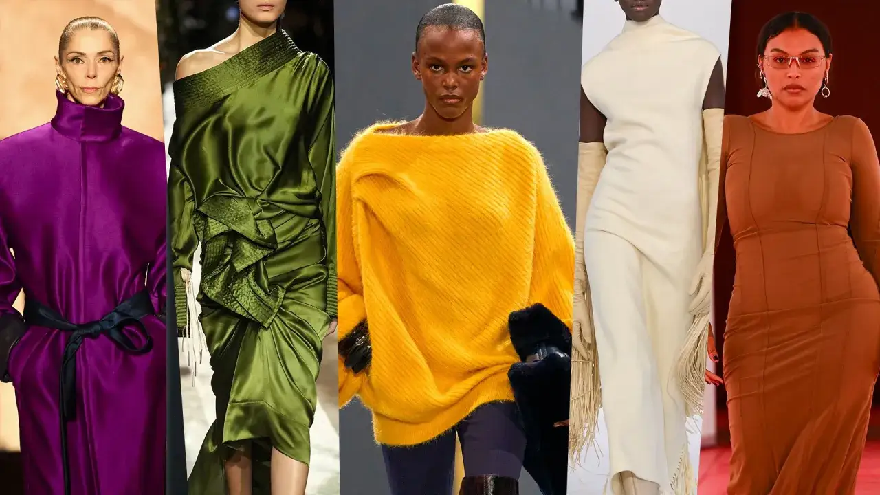 Modelli sfilano con abiti eleganti in colori caldi: viola, verde, giallo, avorio e marrone.