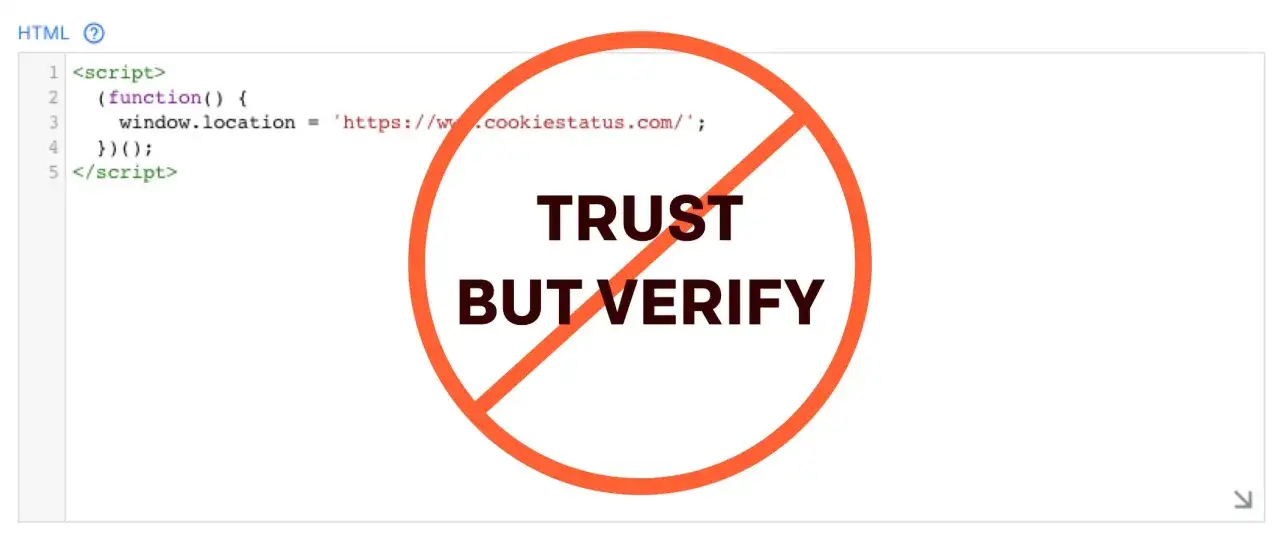 Code HTML avec un script de redirection bloqu&eacute; par un cercle rouge barr&eacute;. Le message 