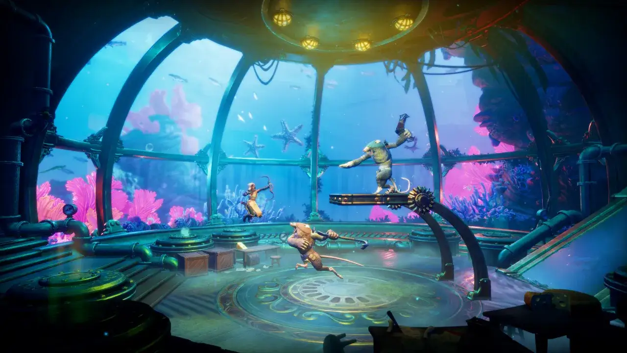 Fajne gry multiplayer: myszy w podwodnej bazie walczą łukami i bronią. Kolorowe koralowce i ryby tworzą magiczną scenerię.