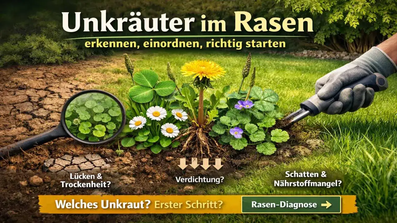 Unkraut-Liste mit Bildern: L&ouml;wenzahn, G&auml;nsebl&uuml;mchen, Klee & mehr. Diagnose f&uuml;r Rasenprobleme wie Trockenheit, Verdichtung, Schatten.