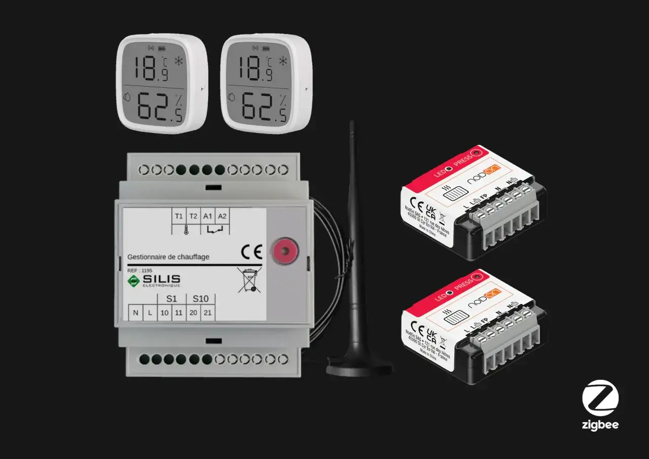 Gestionnaire de chauffage et modules Zigbee pour une commande chauffage à distance sans internet. Deux capteurs affichent température et humidité.