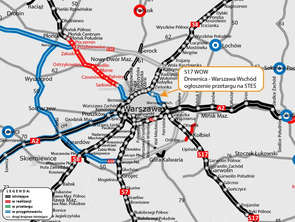 Mapa drogowa z zaznaczoną wschodnią obwodnicą Warszawy, w tym odcinkiem Drewnica - Warszawa Wschód w przetargu.