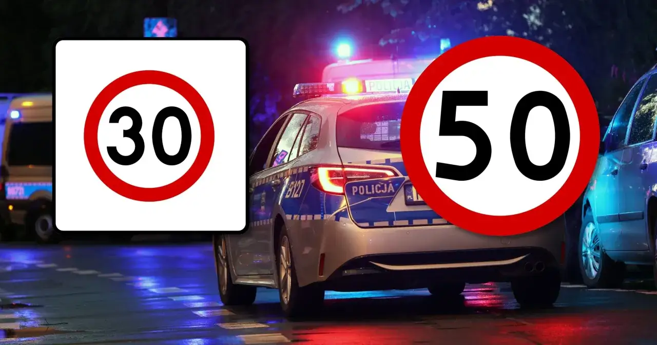 Policja zatrzymała kierowcę za przekroczenie prędkości o 15 km w terenie zabudowanym. Znak 30 kontra 50.