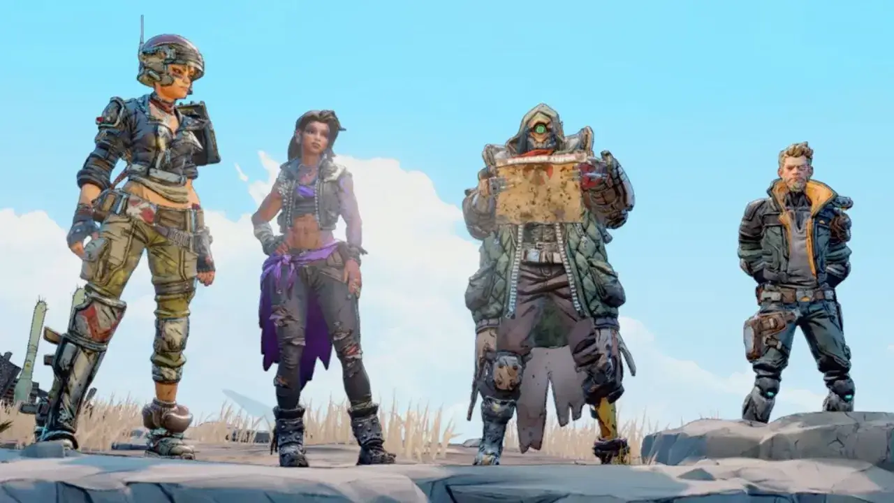 Czterech bohaterów Borderlands 3 stoi na pustkowiu, gotowych na przygodę.