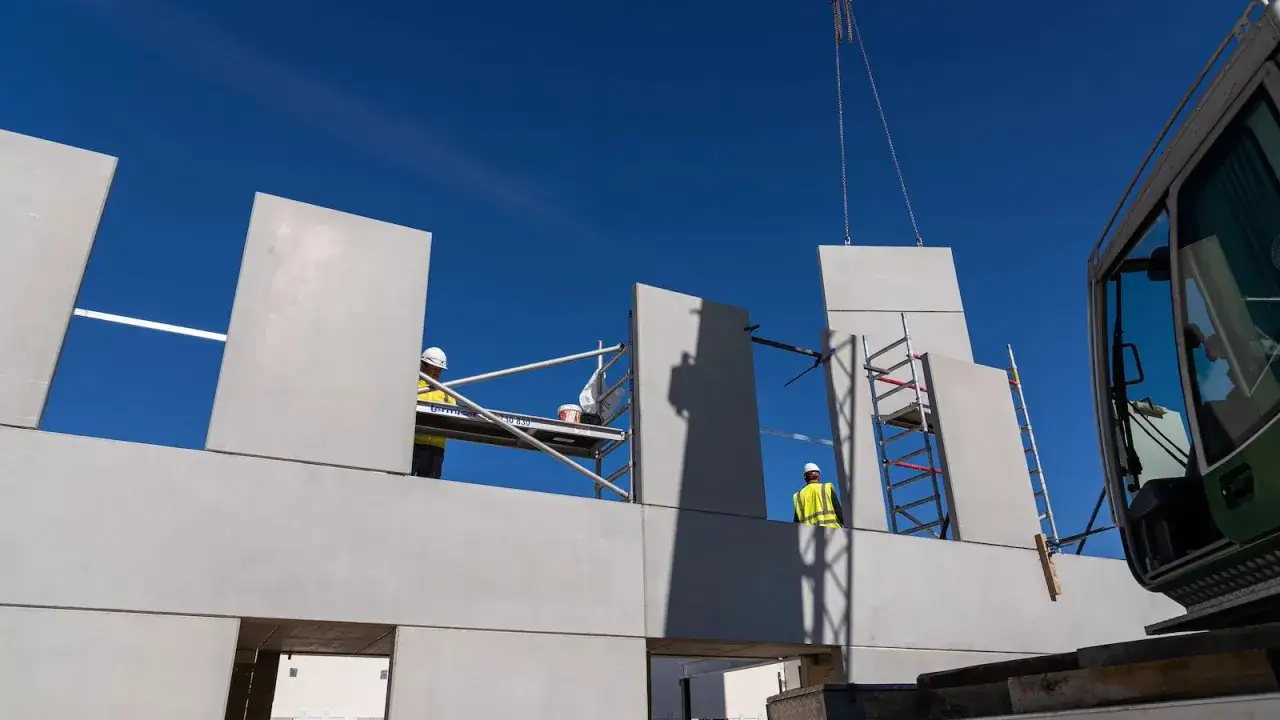 Trabajadores instalan paredes exteriores prefabricadas con gr&uacute;a y andamios bajo un cielo azul.