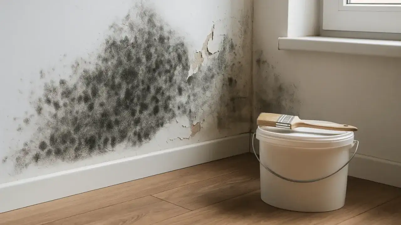 Schwarzer Schimmel breitet sich an einer Wand aus. Ein Farbeimer und ein Pinsel stehen bereit, um das Problem zu beheben.