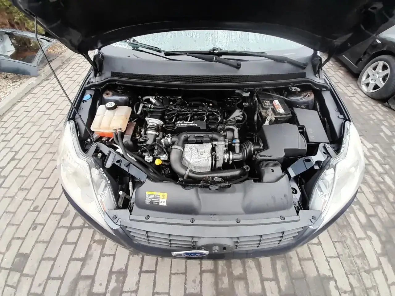 Silnik Ford Focus 1.6 TDCI z otwartą maską. Widoczny zbiornik płynu chłodniczego, turbosprężarka i inne elementy jednostki napędowej.