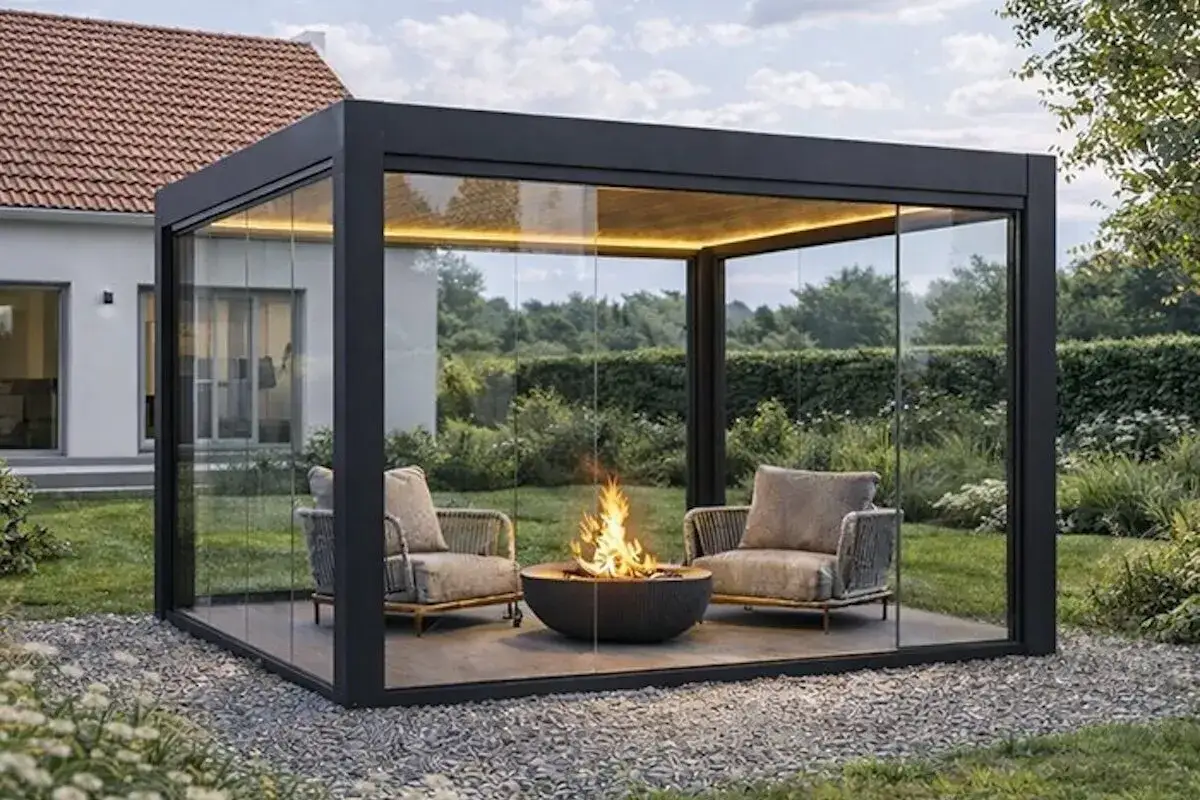 Am&eacute;nagement terrasse ext&eacute;rieure moderne avec pergola vitr&eacute;e, deux fauteuils confortables et un brasero invitant &agrave; la d&eacute;tente.