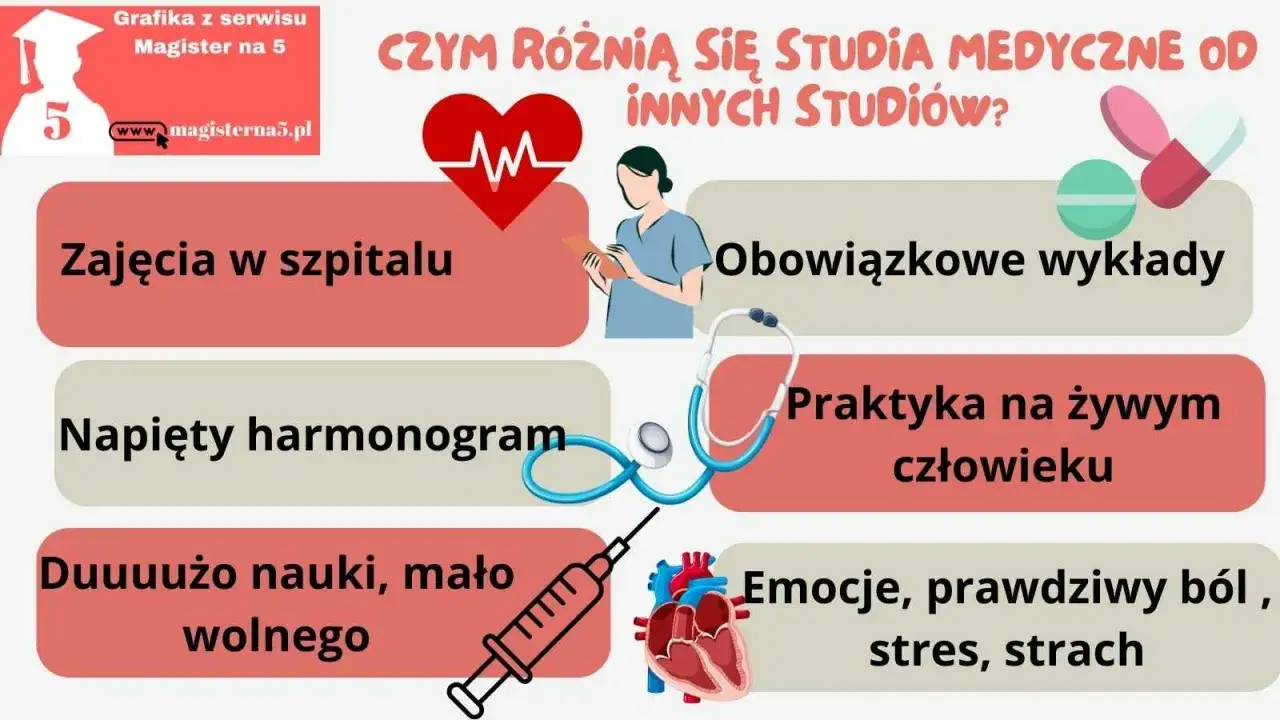 Jak wyglądają studia medyczne: zajęcia w szpitalu, wykłady, praktyki na żywym człowieku, dużo nauki, mało wolnego, emocje, b&oacute;l, stres i strach.