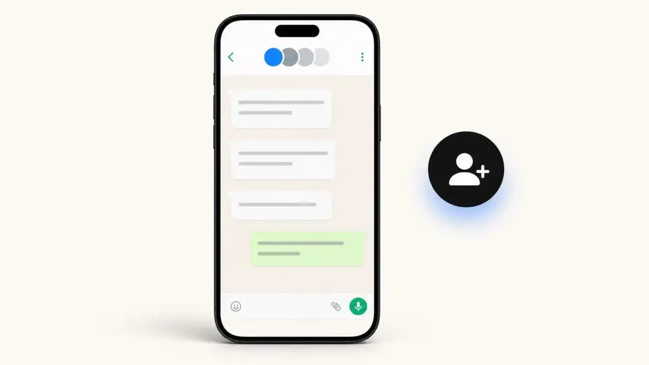 Ikona dodawania użytkownika obok ekranu telefonu z czatem WhatsApp. Dowiedz się, jak zrobic ankiete na WhatsApp.