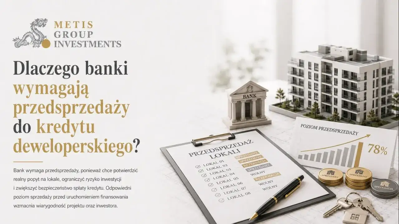 Bank sprawdza przedsprzedaż lokali, by ocenić popyt i ryzyko przed udzieleniem kredytu deweloperskiego. Na zdjęciu makieta banku, budynku i lista lokali.