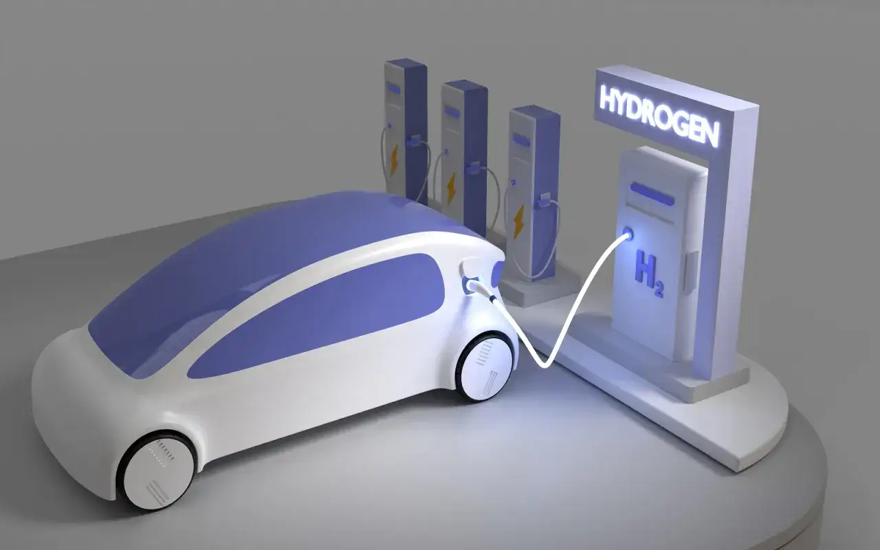 Futurystyczny samochód Toyota Mirai tankuje wodór na stacji.
