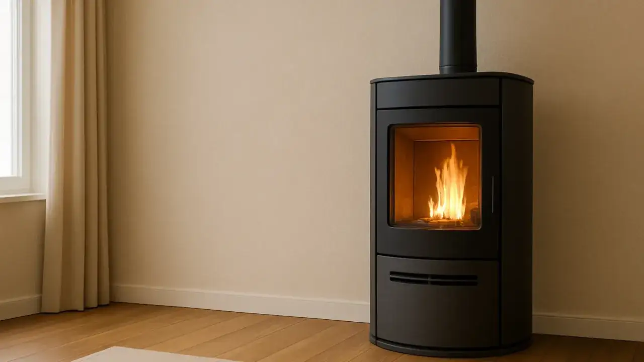 Stufa a pellet moderna con fiamme vive, ideale per la detrazione stufa a pellet senza ristrutturazione. Riscalda la tua casa con stile.