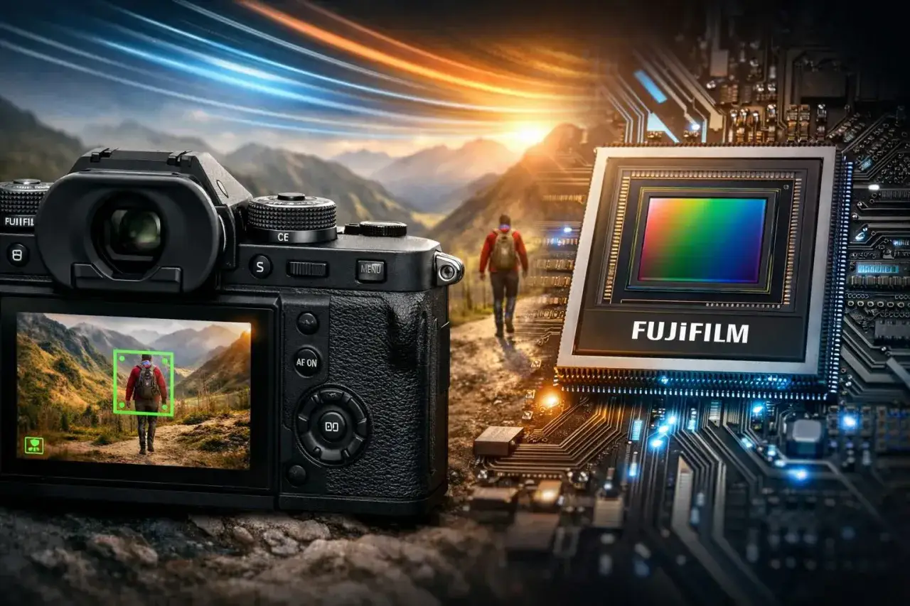 Novità Fujifilm: un sensore avanzato cattura l'essenza dell'avventura, con un escursionista che cammina verso un tramonto mozzafiato.