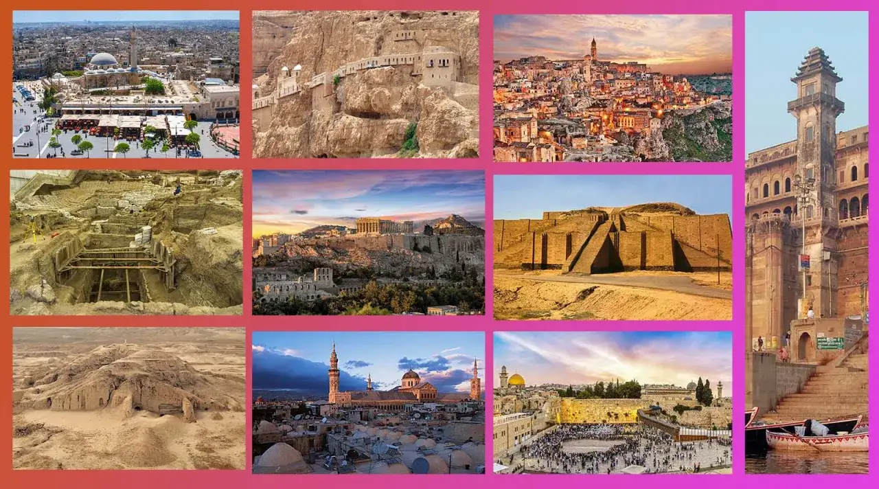 Mosaico di antiche citt&agrave; e siti archeologici, tra cui Damasco e Gerusalemme, che evocano la storia della citt&agrave; pi&ugrave; antica del mondo.