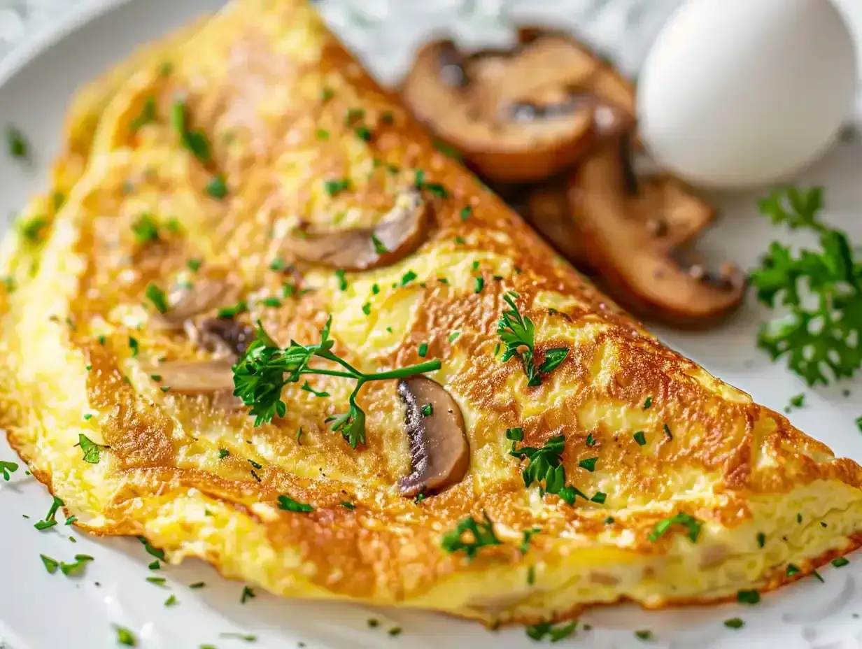 En gyllene omelett med champinjoner och persilja, perfekt f&ouml;r ett snabbt omelett recept. Serveras med ett kokt &auml;gg.