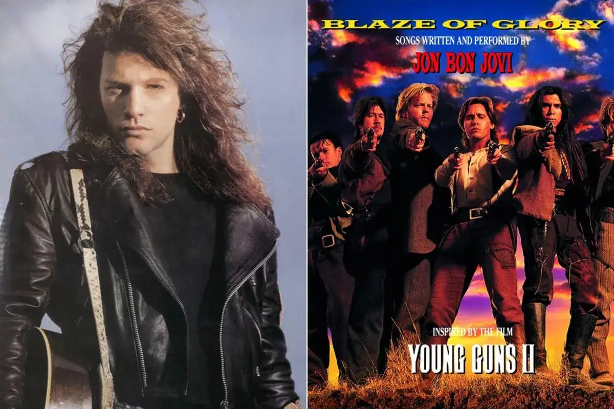 Jon Bon Jovi, im Lederlook, neben dem Filmplakat