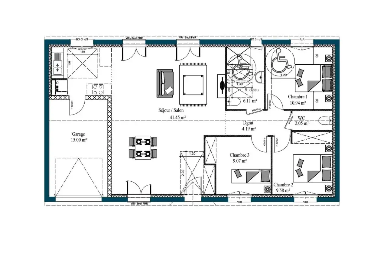 Plan d'une maison moderne avec garage, séjour, 3 chambres, salle d'eau et WC. L'accessibilité PMR est indiquée.