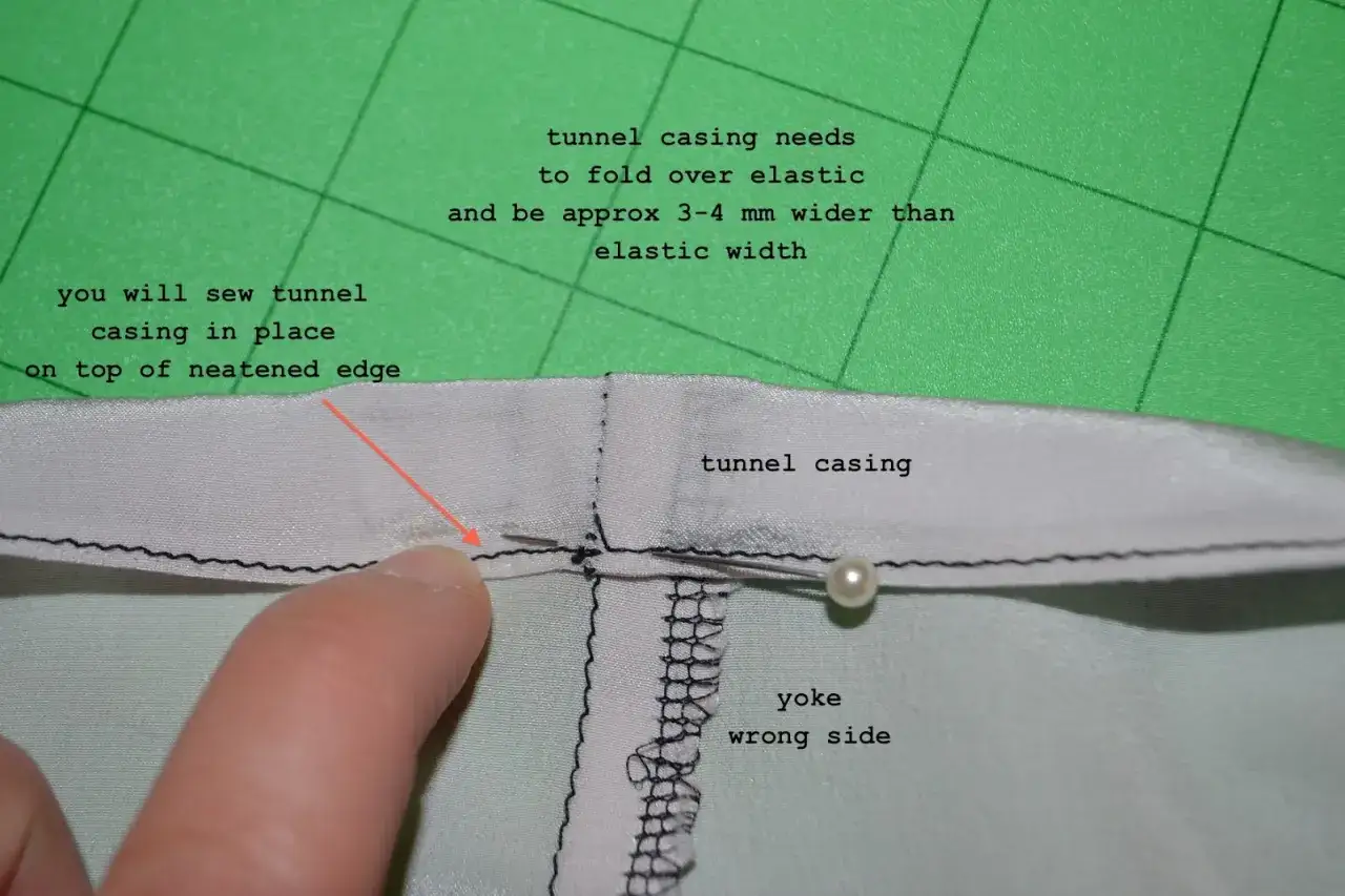 Sewing a tunnel casing for elastic. The casing needs to be 3-4mm wider than the elastic.