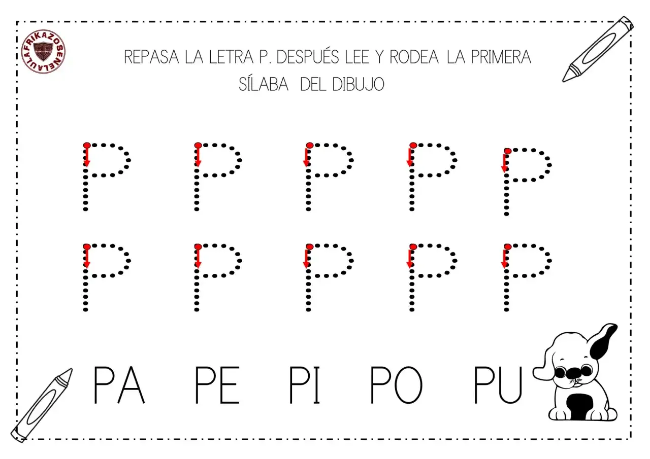 Fichas de la P para repasar y formar s&iacute;labas. Un perrito acompa&ntilde;a la actividad.
