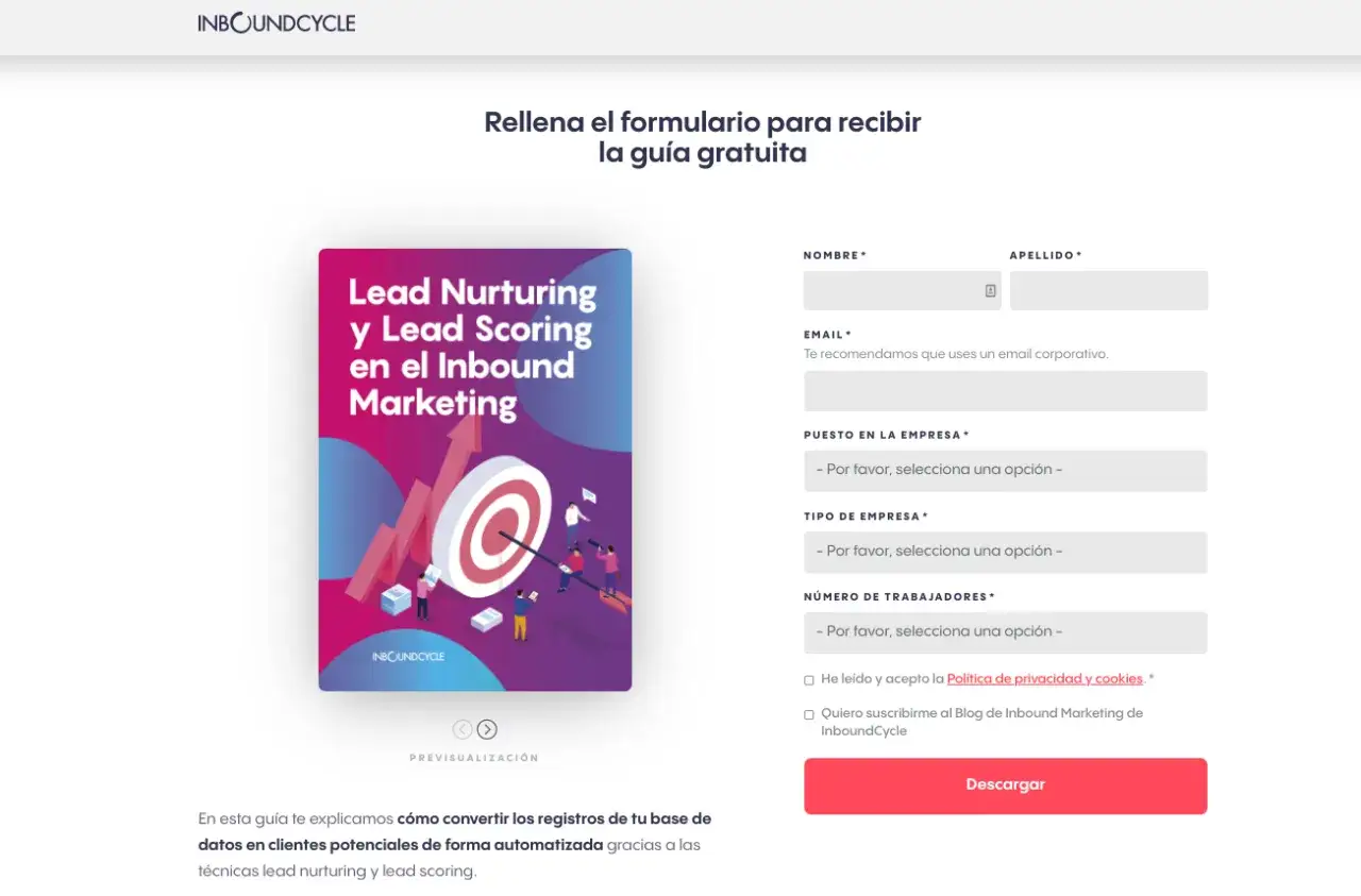 Formulario para descargar gu&iacute;a sobre lead nurturing y lead scoring, con campos para nombre, email y datos de empresa. Landing pages de Inboundcycle.