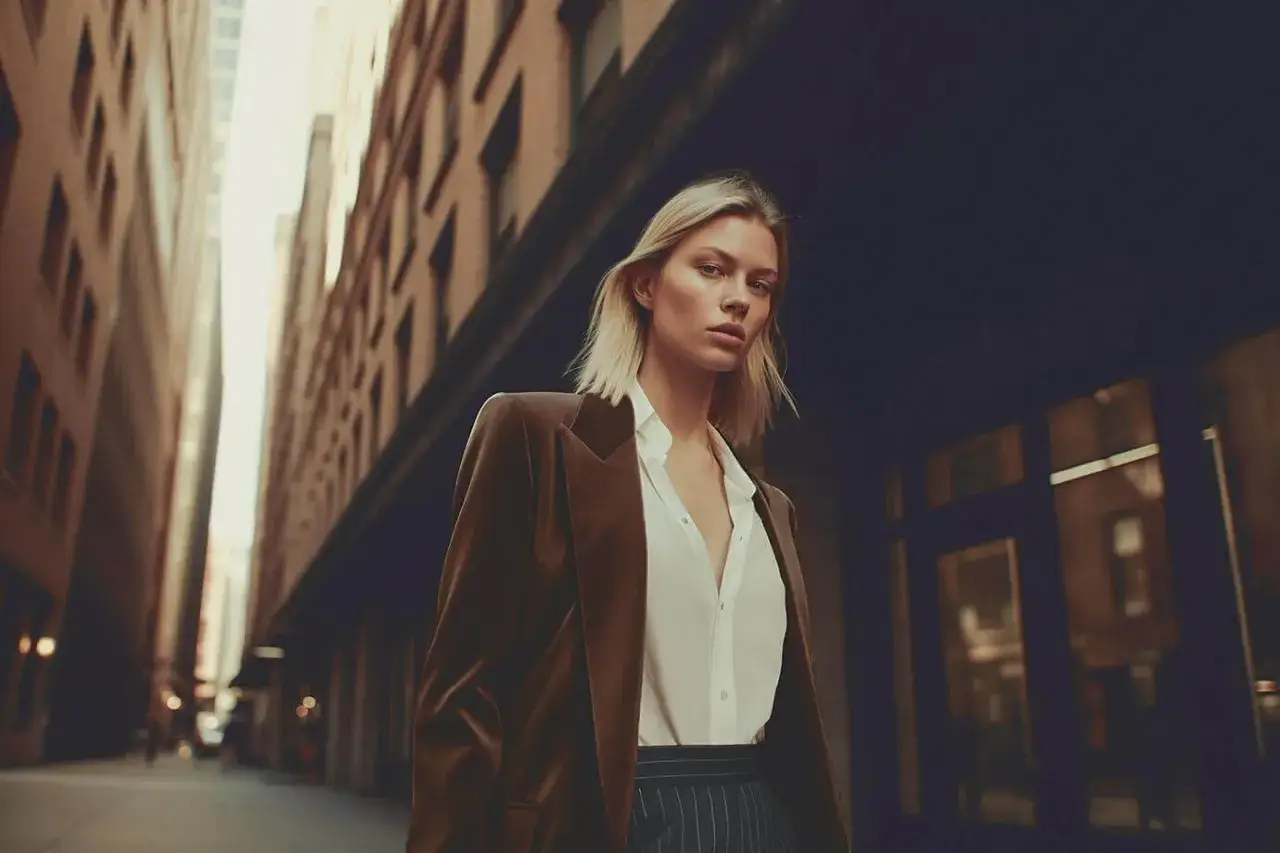 Une femme grande et mince, vêtue d'un blazer marron et d'une chemise blanche, pose dans une rue urbaine. Idéal pour savoir comment s'habiller quand on est grande et mince.