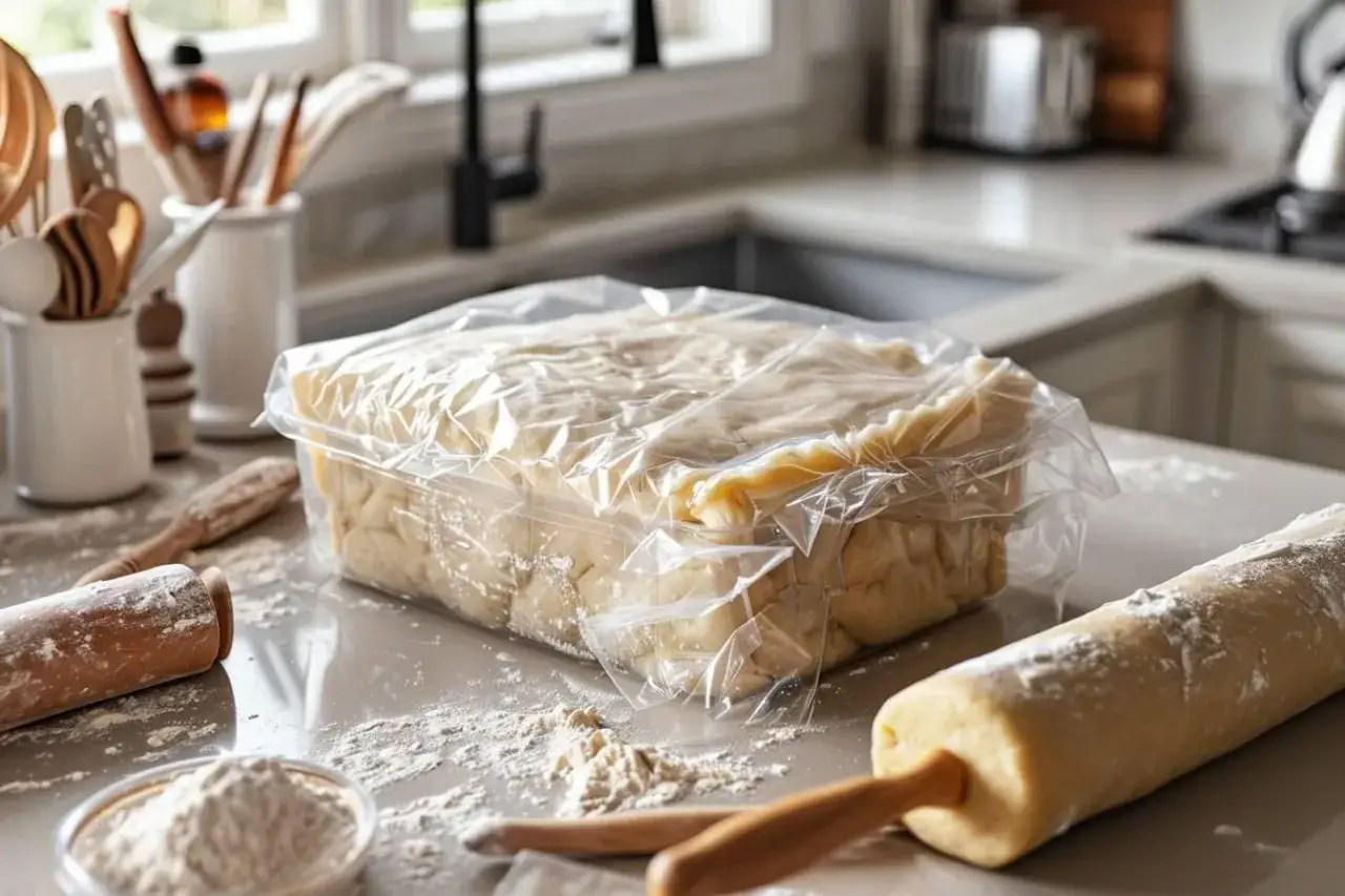 P&acirc;te sabl&eacute;e crue emball&eacute;e pour conservation au frigo, pr&ecirc;te pour la prochaine tourn&eacute;e de tartes.