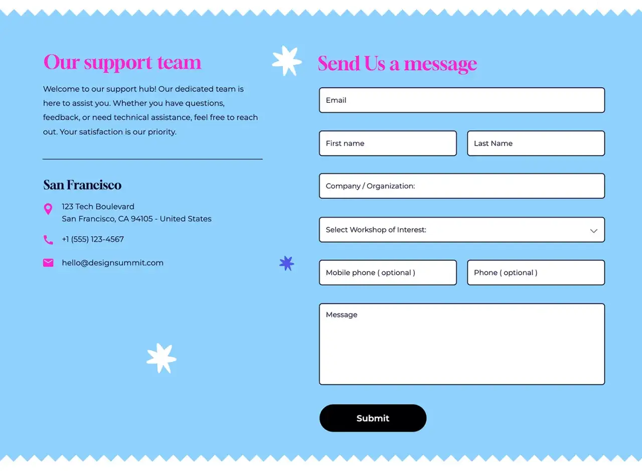 Formulaire de contact avec champs pour email, nom, organisation, et message.