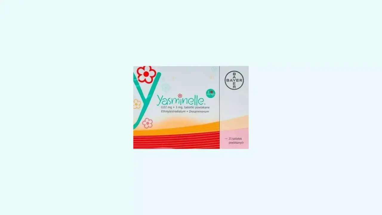 Opakowanie tabletek antykoncepcyjnych Yasminelle od Bayer, zawierające 21 tabletek powlekanych.