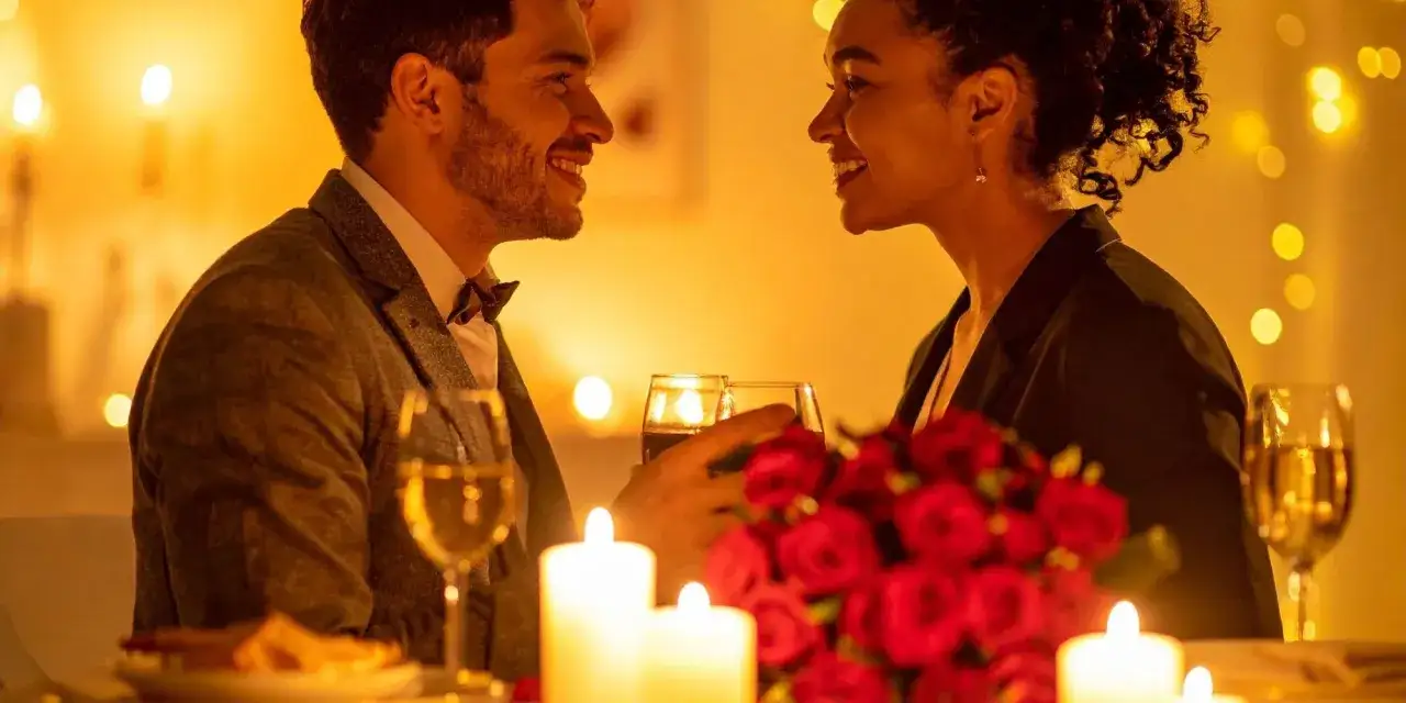 Ett par njuter av en romantisk date night i Stockholm, omgivna av levande ljus och en vacker bukett röda rosor.