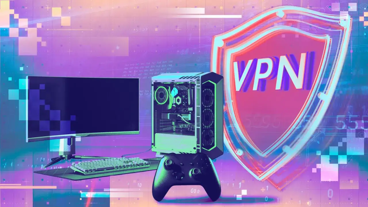 Un ordinateur, un &eacute;cran, un clavier et une manette de jeu sont dispos&eacute;s devant un bouclier VPN stylis&eacute;. Un kill switch virtuel assure la s&eacute;curit&eacute;.