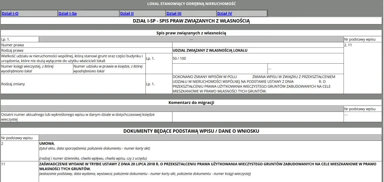 Dokument zawiera wpis dotyczący darowizny udziału w nieruchomości wspólnej, wskazujący na przekształcenie prawa użytkowania wieczystego gruntów.
