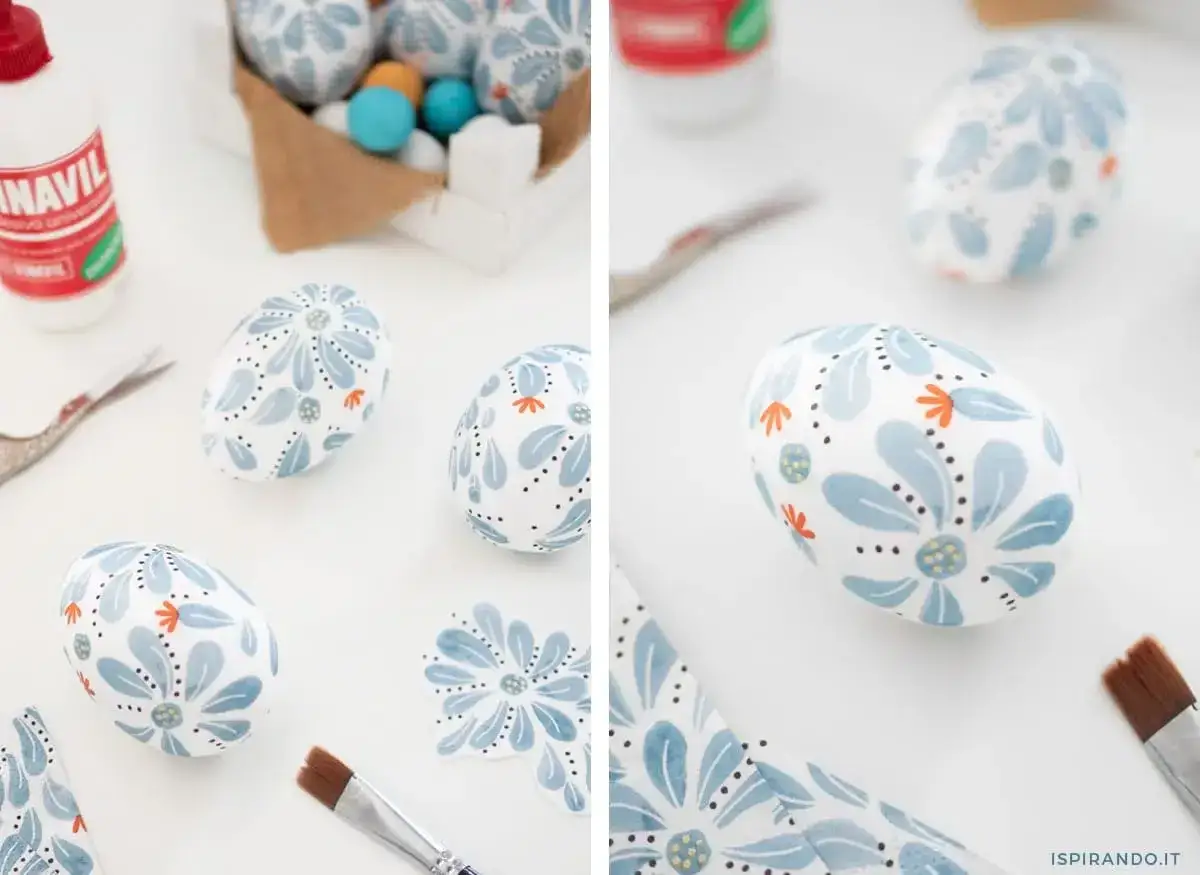 Uova di polistirolo decorate con fiori blu e arancioni, un pennello e colla. Ecco come decorare uova di polistirolo per Pasqua.