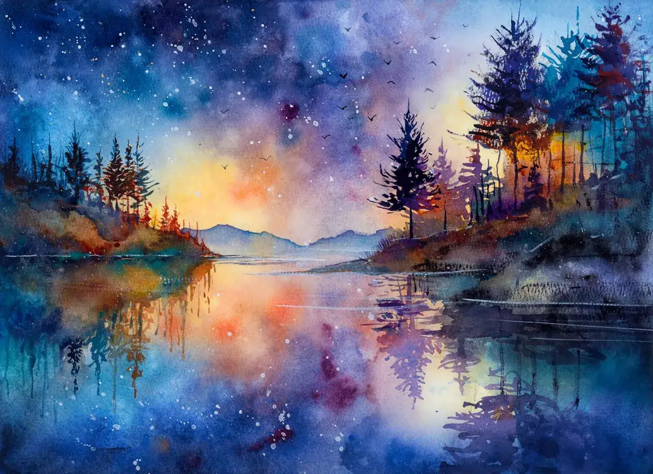 Composition aquarelle d'un paysage nocturne avec des arbres sombres, un lac reflétant le ciel étoilé aux couleurs vives et des montagnes lointaines.