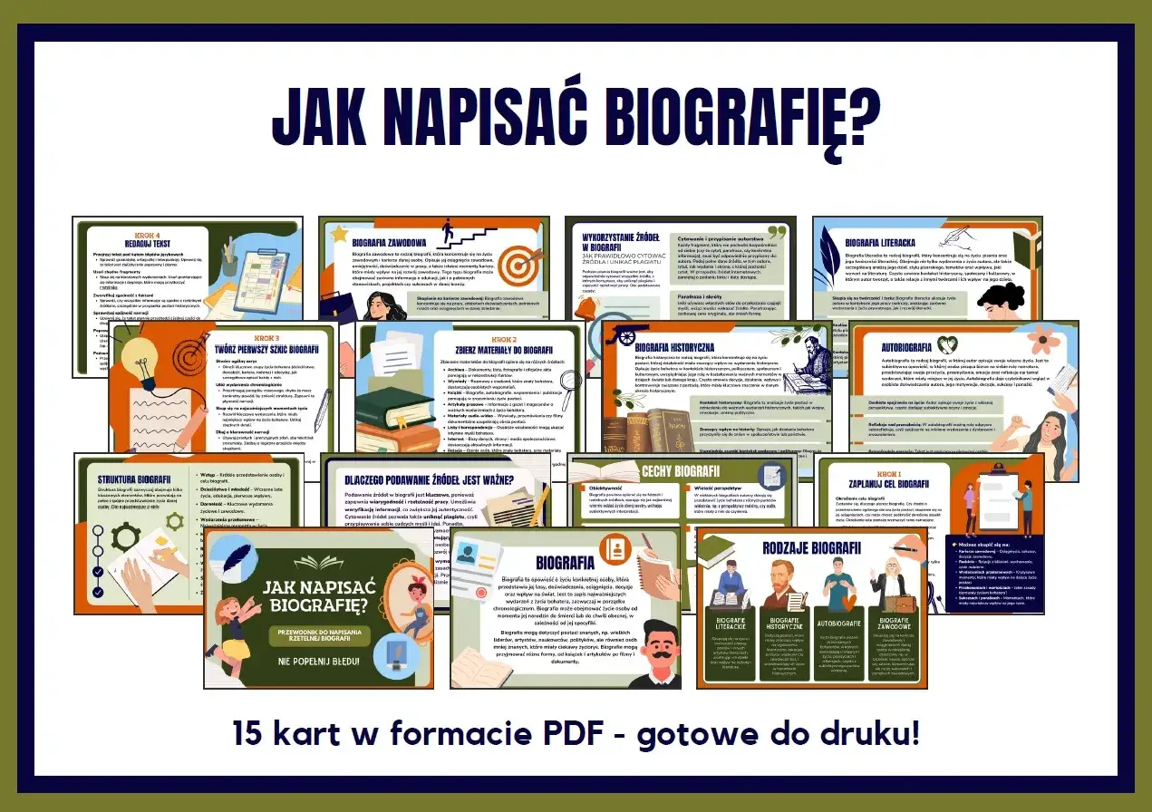Grafika przedstawia materiały edukacyjne na temat: jak napisać biografię. Zawiera 15 kart PDF z poradami, krokami i rodzajami biografii.