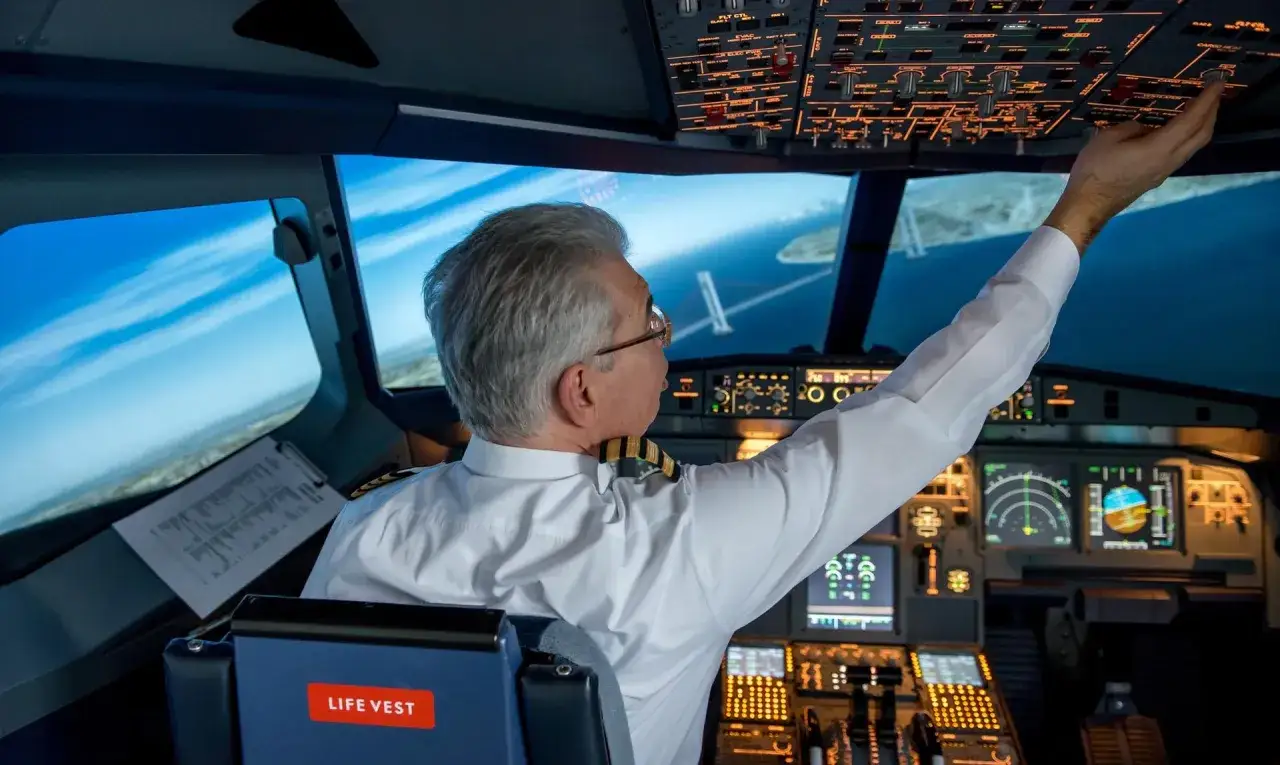 Doświadczony pilot w kabinie symulatora, ćwiczący manewry. Zastanawiasz się, ile zarabia pilot samolotu?