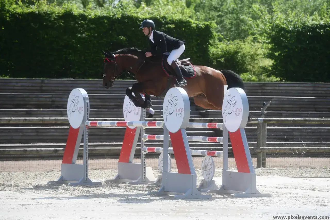 Cavalier et cheval brun sautent un obstacle lors d'une compétition. Le **cash du Plessis** est bien visible sur le cheval.