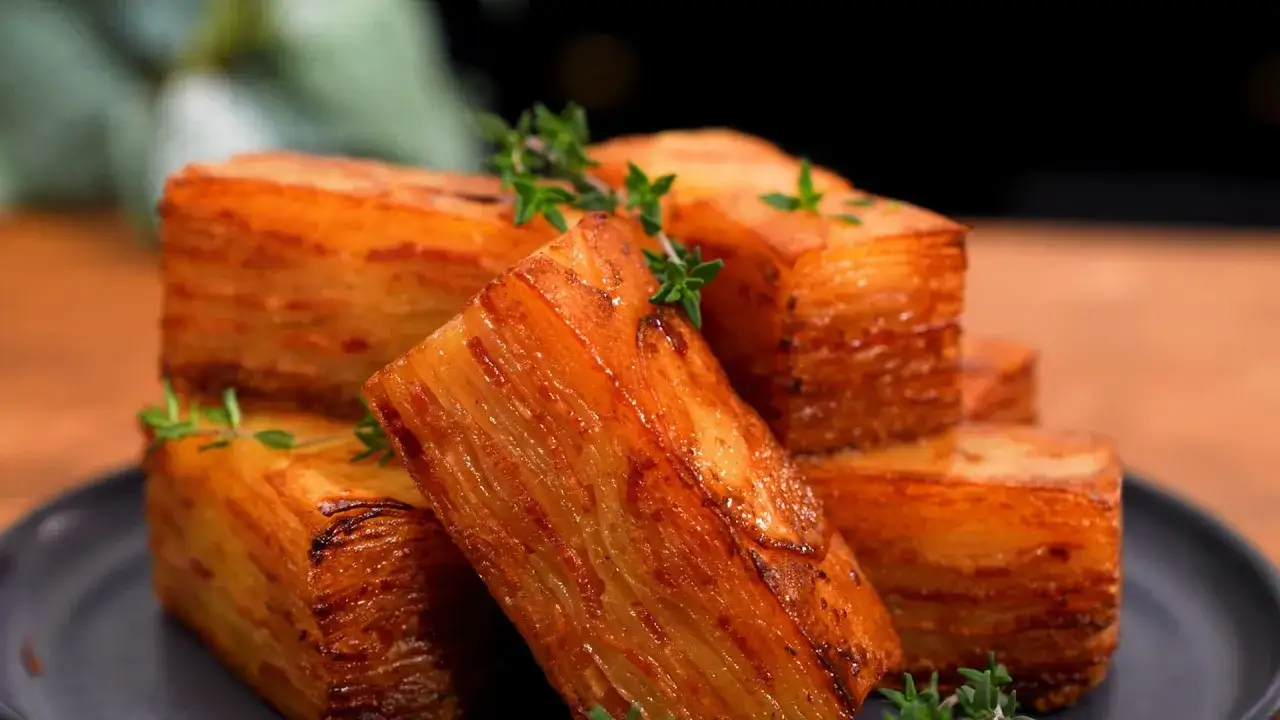 Krispiga, gyllene pommes anna staplade p&aring; en m&ouml;rk tallrik, toppade med f&auml;rsk timjan.