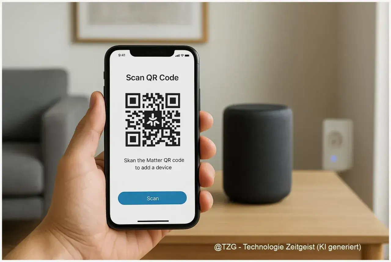Ein Smartphone scannt einen QR-Code f&uuml;r die Einrichtung eines Ger&auml;ts, im Hintergrund ein schwarzer Lautsprecher und ein Wandstecker, bereit f&uuml;r Google Home Matter.